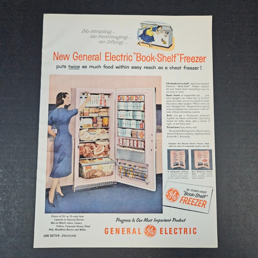 1957 GE General Electric Book-Shelf Freezer Vintage Print Ad Louisville KY Pink
